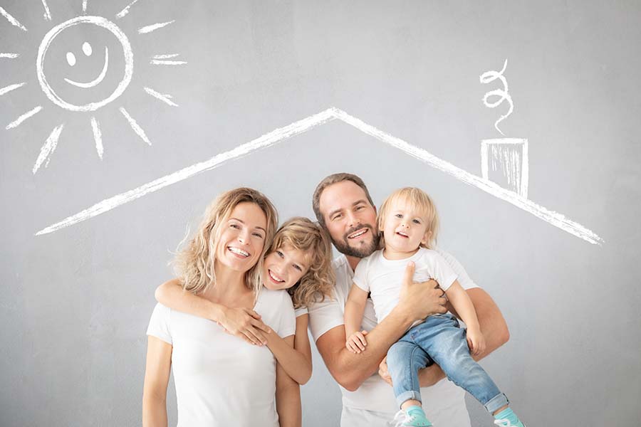 Personal Insurance - Portrait of a Cheerful Family with Two Young Kids Standing in Front of a Wall with a Roof and Sun Child Sketch
